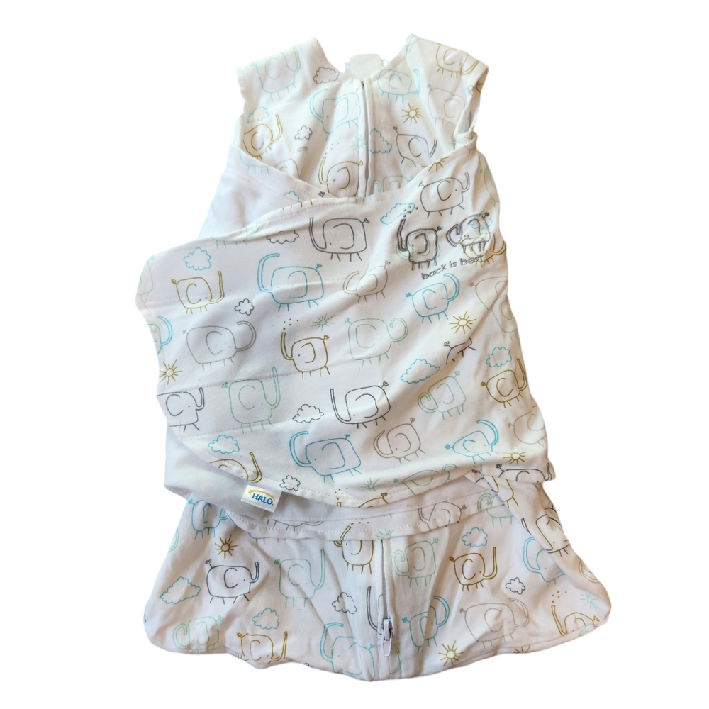 Halo Kids Sleep Sack in White with Blue and Tan Elephant Print